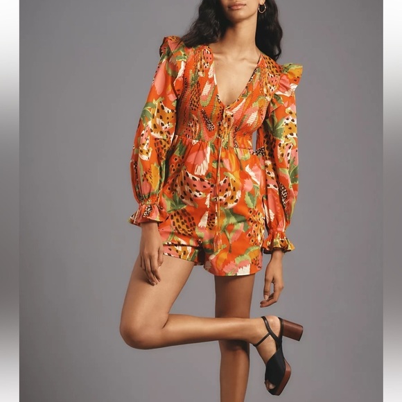 Anthropologie Pants - FARM RIO Tropical Ruffle Sleeve Romper Women Small Smocked Red Motif V-neck NWT